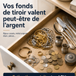 Tiroir ouvert contenant bijoux cassés, pièces, métal argenté et objets anciens à faire estimer gratuitement chez AOV dans les Yvelines
