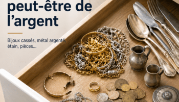 Tiroir ouvert contenant bijoux cassés, pièces, métal argenté et objets anciens à faire estimer gratuitement chez AOV dans les Yvelines