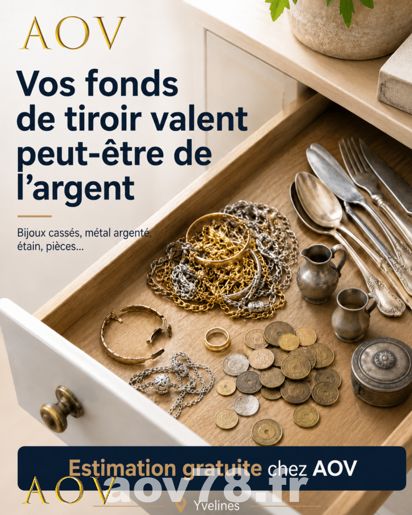 Tiroir ouvert contenant bijoux cassés, pièces, métal argenté et objets anciens à faire estimer gratuitement chez AOV dans les Yvelines